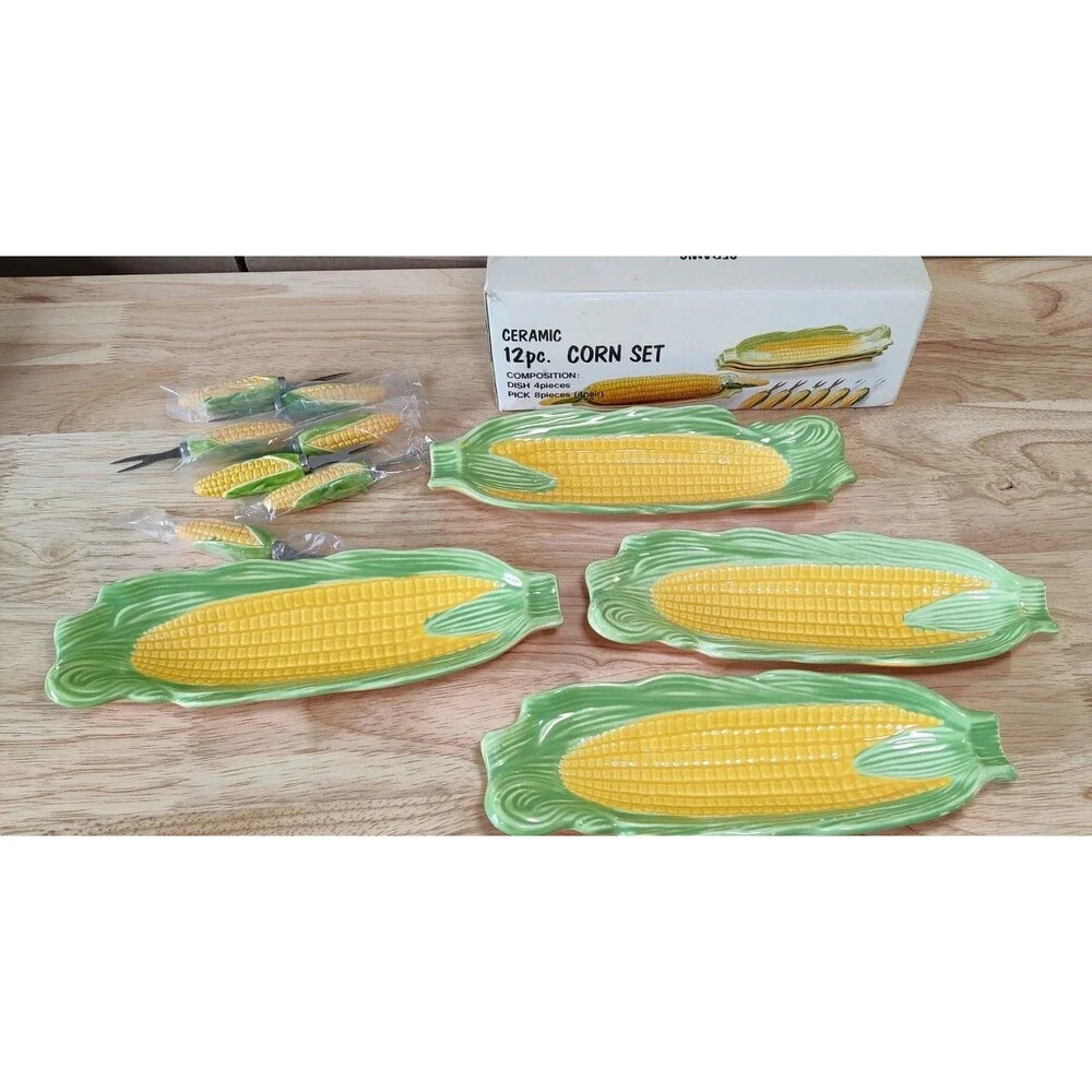 Vintage Corn on the Cob Serving Dishes with Corn Holders Made in Japan With Box